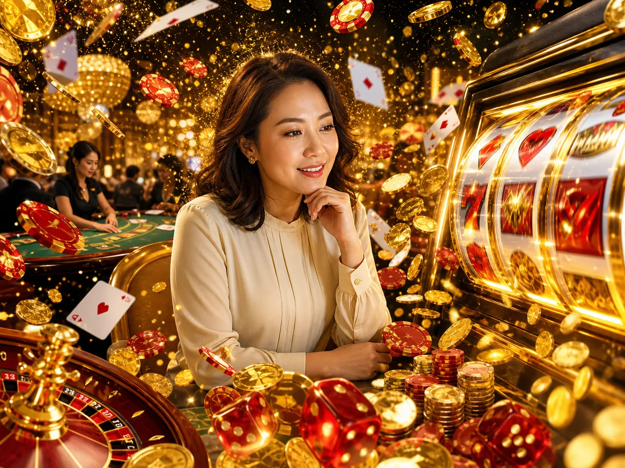 Every kind of casino game, one Malaysian login away. From spinning reels to a live dealer calling the shots… – gold slots collage illustration